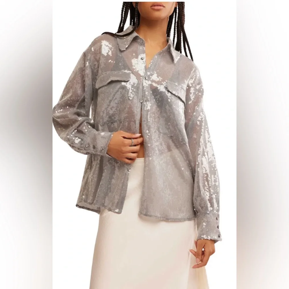 NWOT Free People Disco Margarita Button down Size Small in Silver